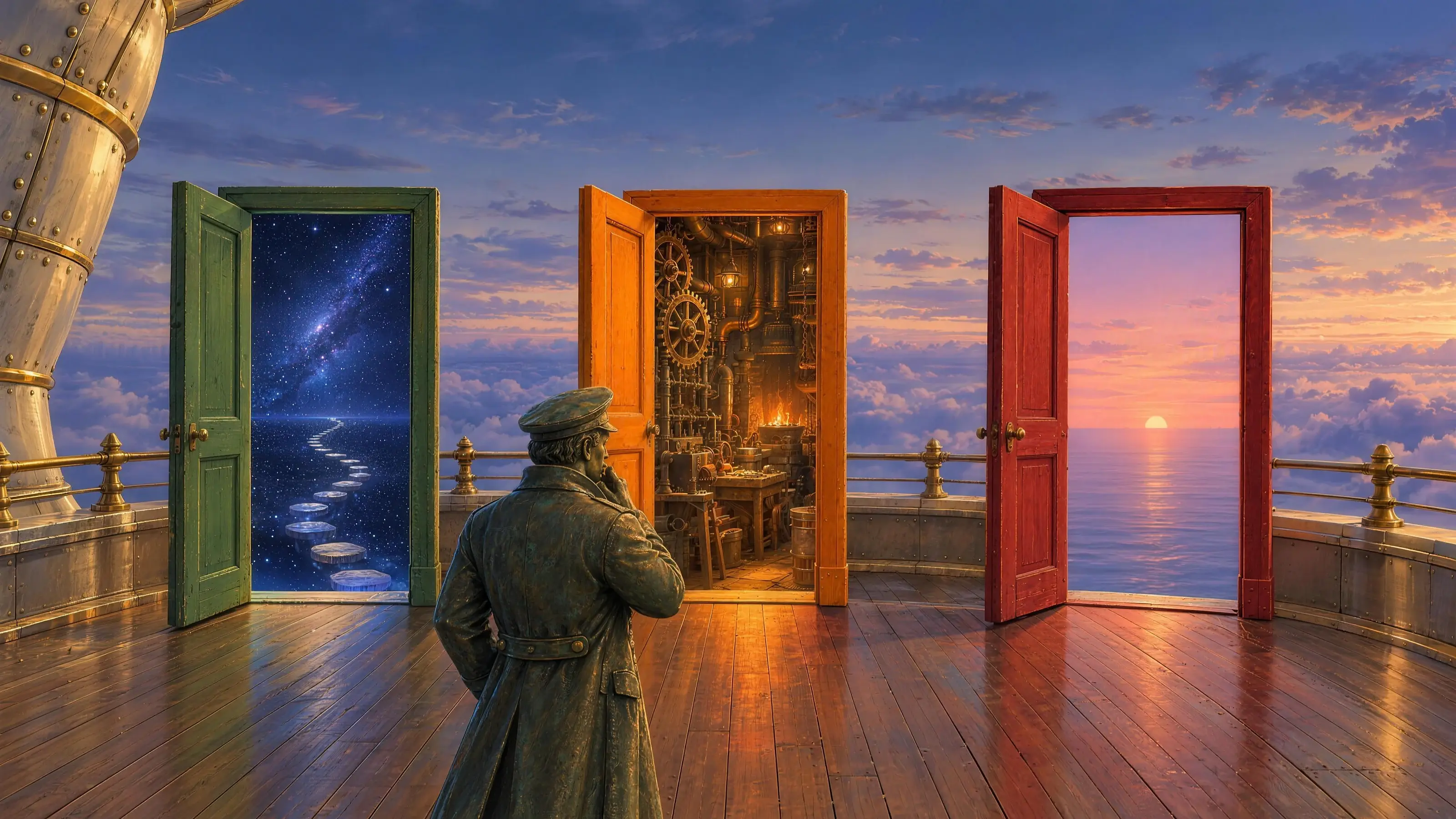 A bronze airship captain, seen from behind on a blue-hour airship deck, faces three open doors: green onto a starry night route, orange onto a crowded firelit workshop, red onto a calm, empty dusk sea.