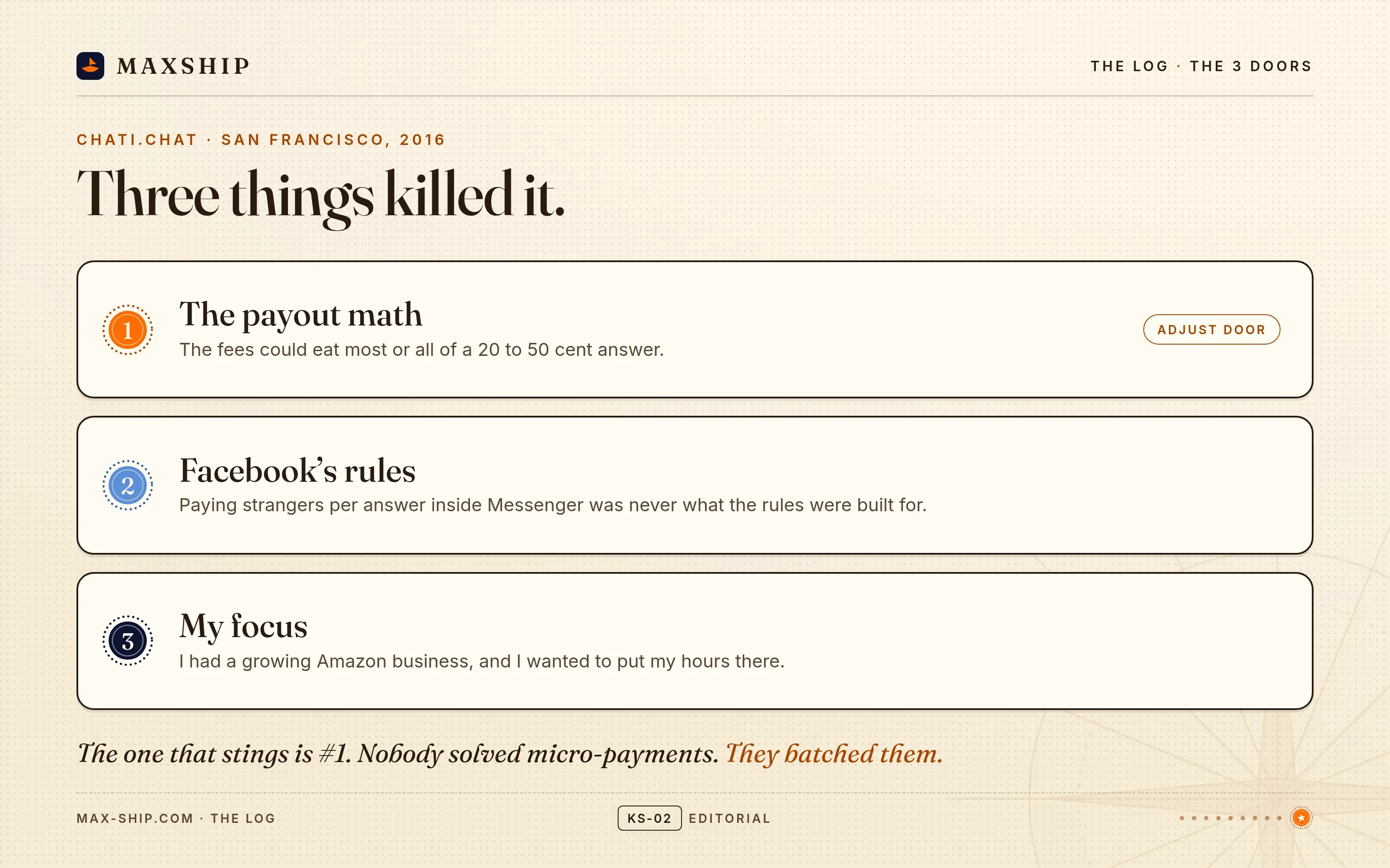 Card: three things killed Chati.Chat. 1, the payout math (marked "adjust door"). 2, Facebook's rules. 3, my focus.
